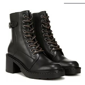 Zodiac Womens Black Combat Dual Lace Up Ankle Boots Buckle Chunky Heel 7.5 NEW